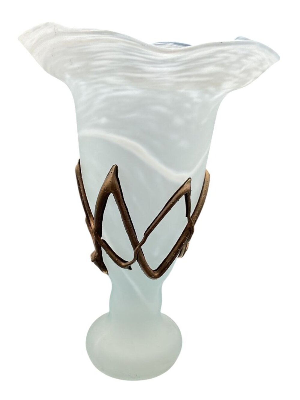 Antique Romanian Ravert Romblast Green Satin Swirl Vase Copper Wrap Accent